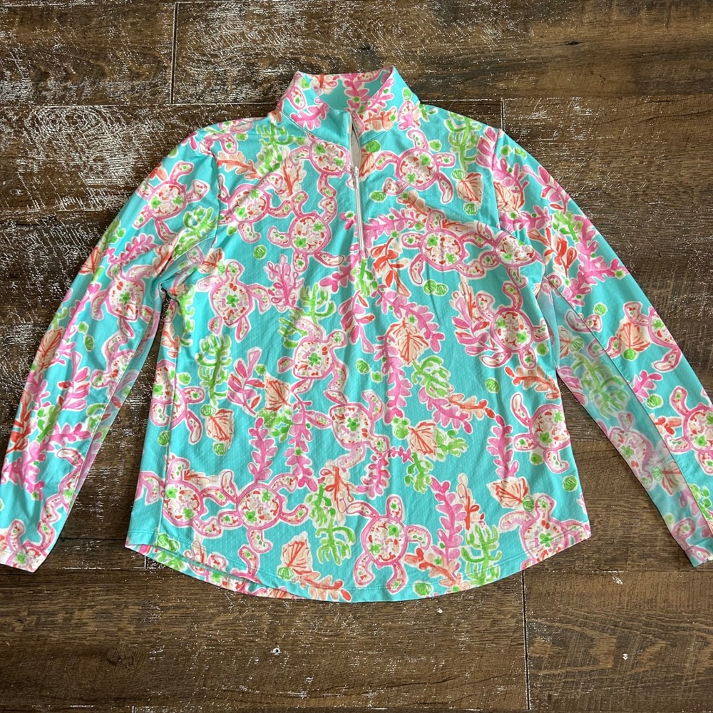G Lifestyle Womens XL Quarter Zip Golf Pullover Sea Turtle Coral Print Mesh